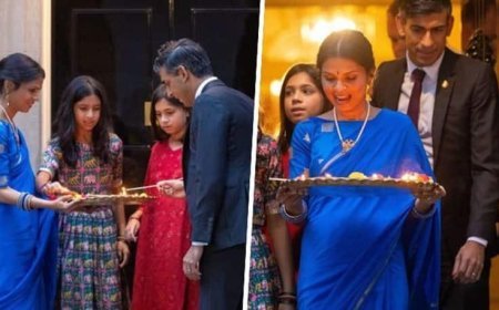 अक्षता मूर्ति नीली सिल्क साड़ी और गंडाबेरुंडा हार में 10 डाउनिंग स्ट्रीट पर दिवाली के लिए इसे पारंपरिक बनाए रखती हैं