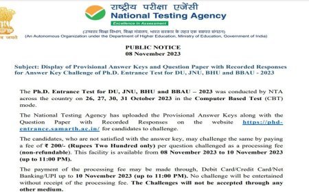 डीयू, बीएचयू, जेएनयू और बीबीएयू प्रवेश परीक्षा के लिए एनटीए पीएचडी अंतिम उत्तर कुंजी 2023 जारी